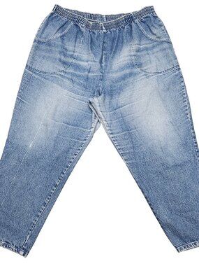 Classic Elements Woman Acid Wash Denim Pull On Elastic Waist Tapered Jeans Blue